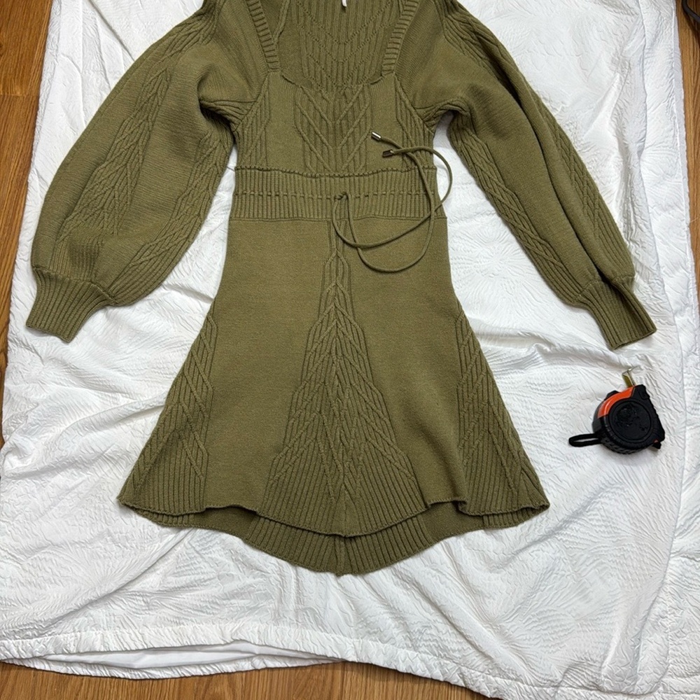 Free People.   Green Bodycon Sweater Dress with Bishop Sleeves. - Picture 7 of 13